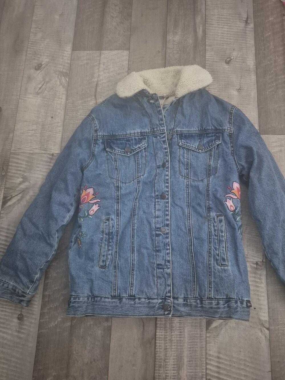 Pull&Bear Trucker Denium Jacket Relaxed Fit Embroidered Fleece Lined S/M NWT - Picture 11 of 12